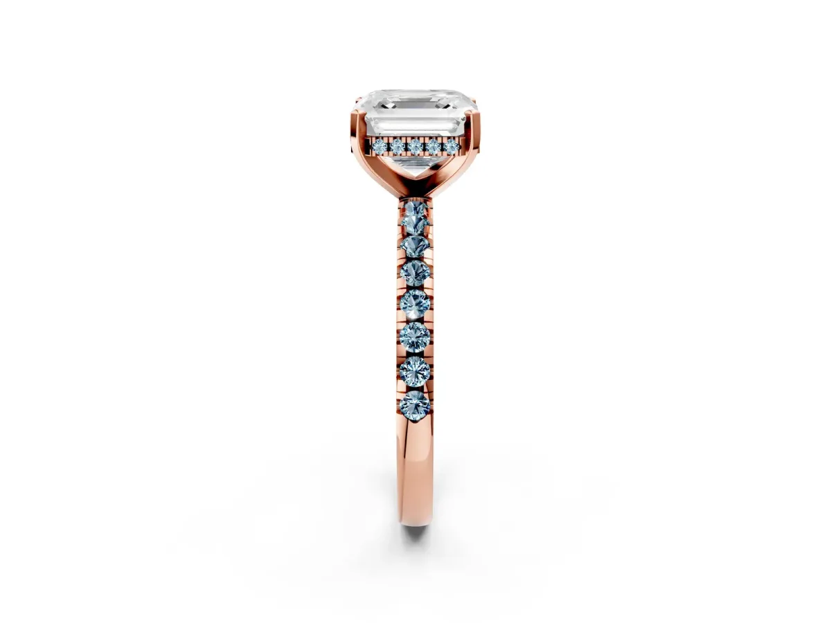 Asscher Cut Diamond Solitaire Ring with Round Aquamarine Pavé Band and Four-Prong Setting Rose gold