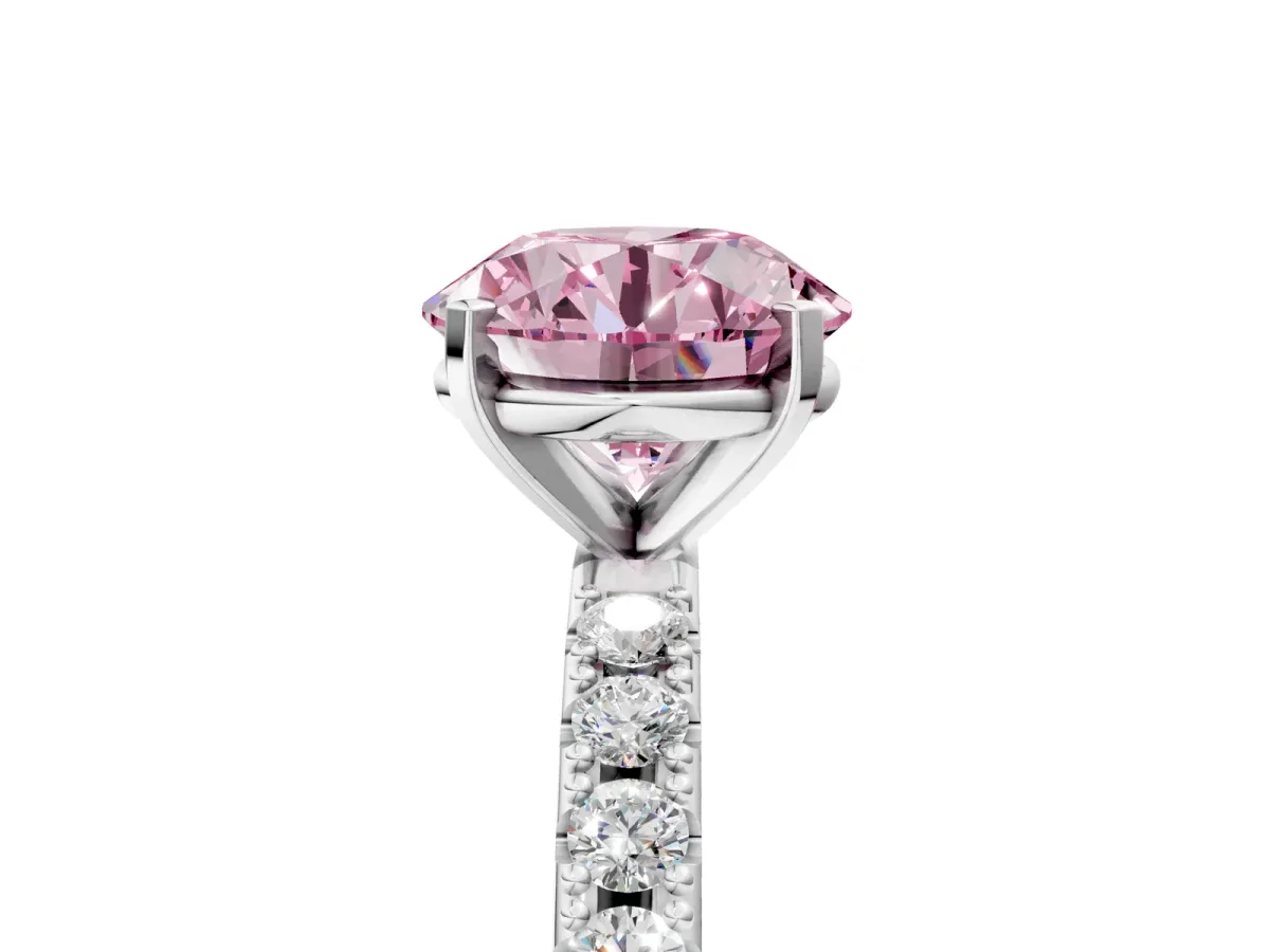 Fancy Pink Round Cut Diamond Solitaire Pavé Band with Four-Prong Setting Silver