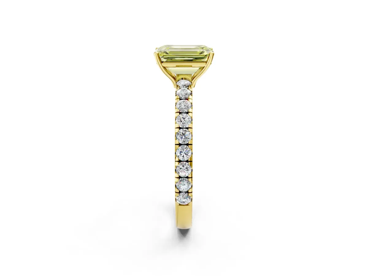 Fancy Yellow Emerald Cut Diamond Pavé Solitaire Engagement Ring with Four-Prong Setting Yellow gold