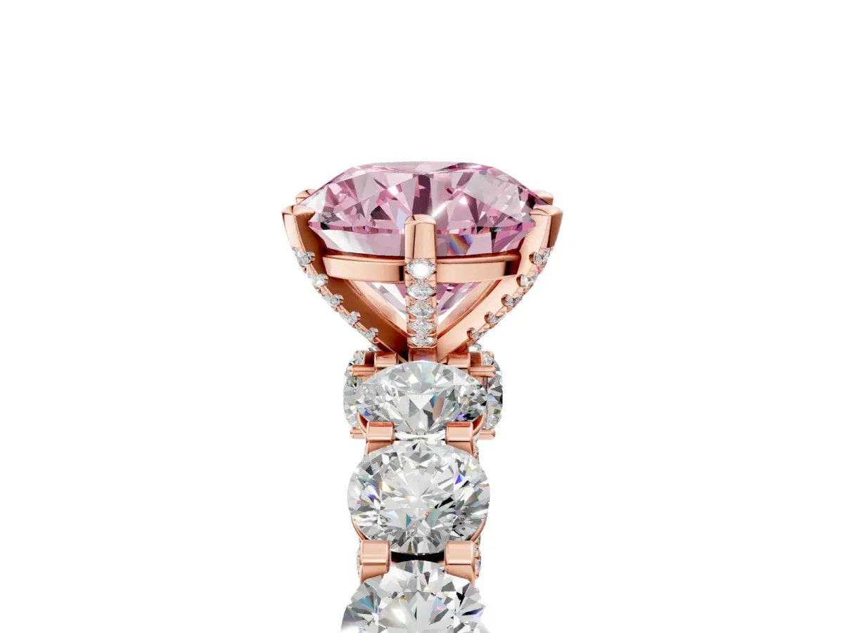Fancy Pink Round Cut Diamond Side Stone Engagement Ring with Four-Prong Setting Rose gold
