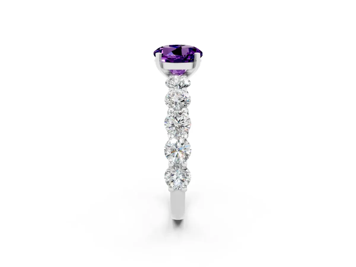 Round Cut Amethyst Prong Setting with Side Stones on a Pave Band White gold