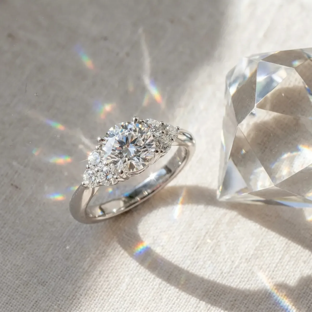 Radiant Cut Brilliant Diamond Cluster Accent Solitaire Ring with Prong Setting Platinum