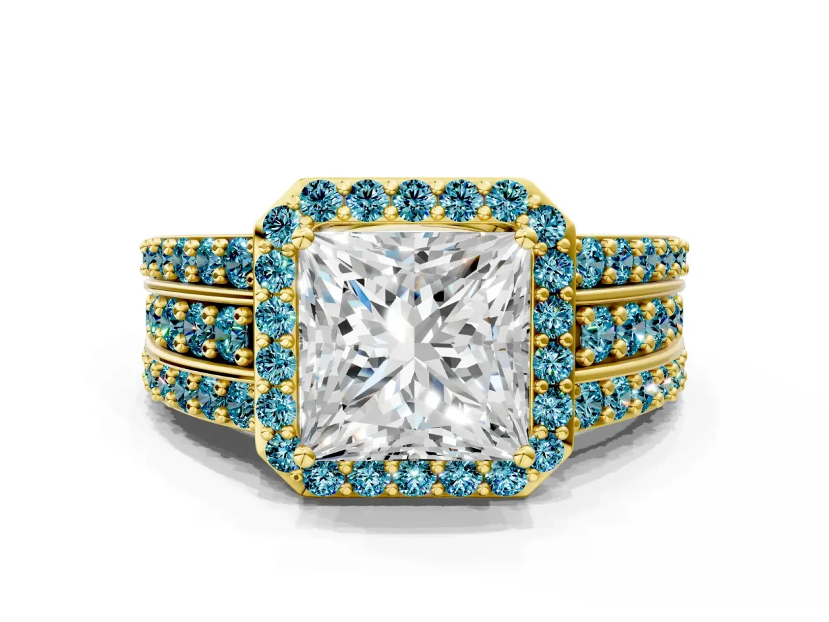 Princess Cut Halo Diamond Ring with Round Blue Topaz Split Shank and Prong Setting Yellow gold