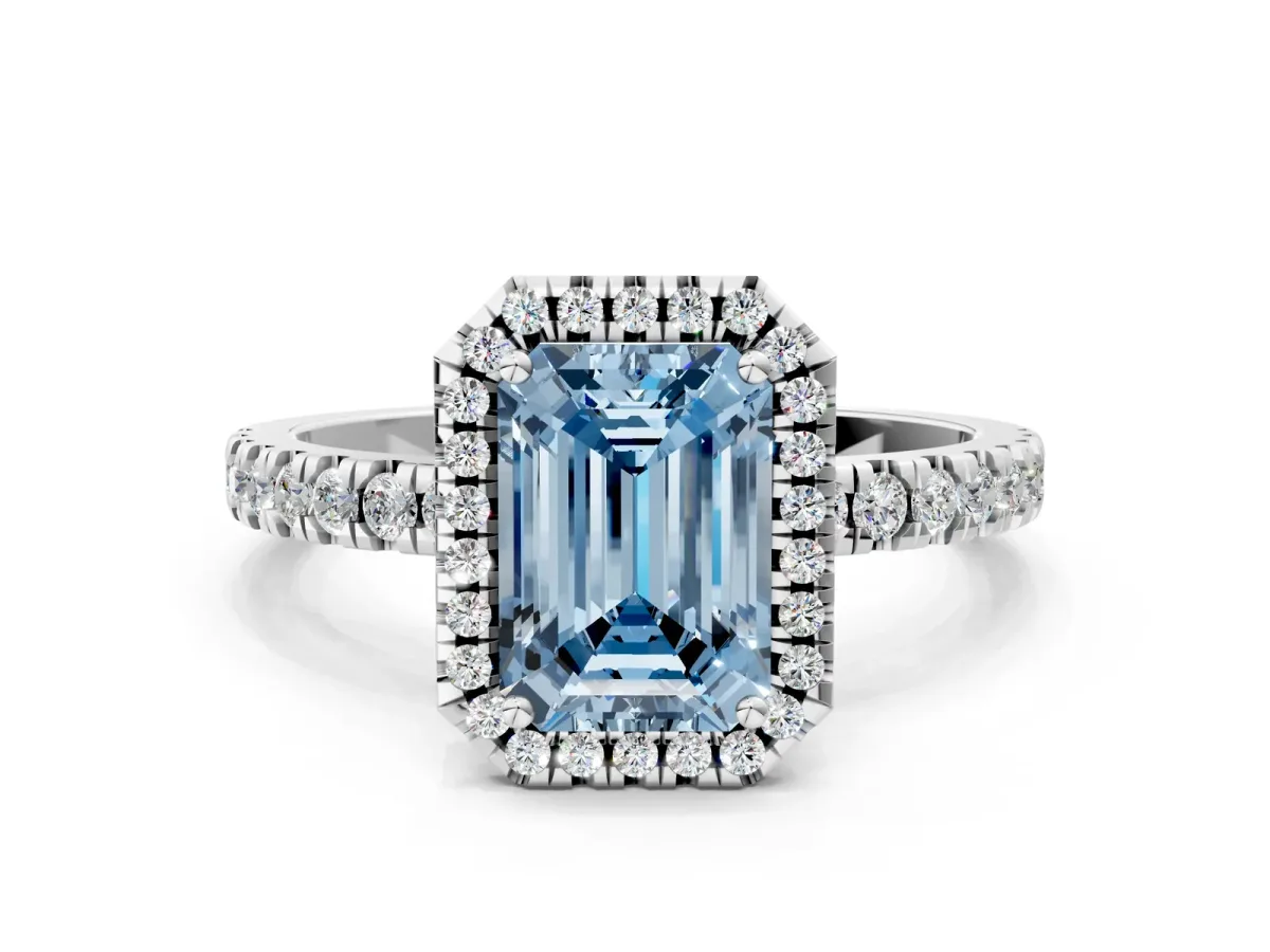 Fancy Blue Emerald Cut Diamond Classic Halo Engagement Ring with Round Pavé Band and Prong Setting White gold