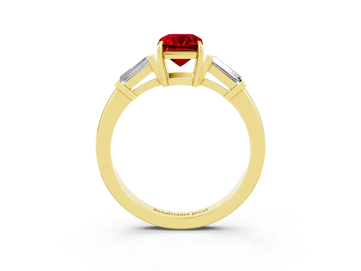 Emerald Cut Ruby Three-Stone Ring with Tapered Baguette Side Stones and Prong Setting Yellow gold
