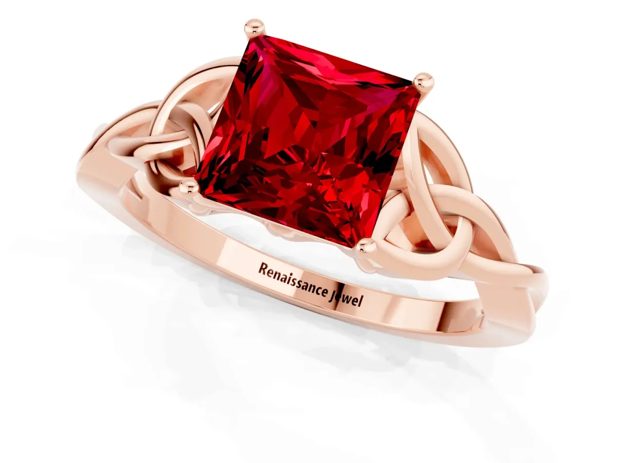 Princess Cut Ruby Solitaire Celtic Knot Ring with Four-Prong Setting Rose gold