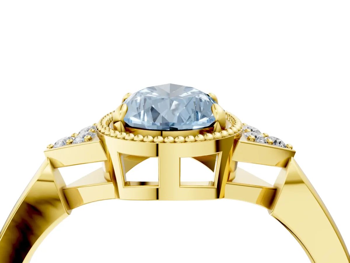 Fancy Blue Milgrain Pear Cut Cut Diamond Ring with Tapered Pave Band and Four Prong Setting Yellow gold