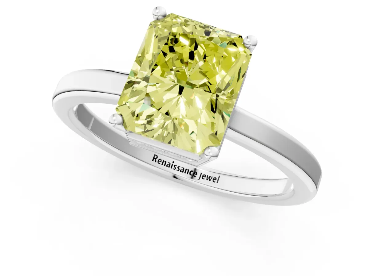 Fancy Yellow Radiant Cut Cut Solitaire Engagement Ring with Four-Prong Setting on a Classic Band Platinum
