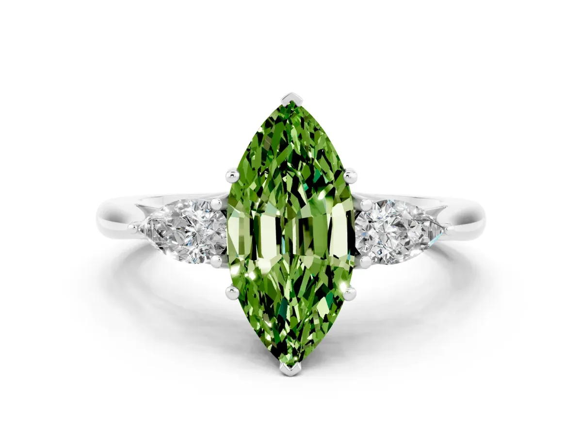 Marquise Cut Peridot Three-Stone Ring with Pear Side Stones and Prong Setting Silver