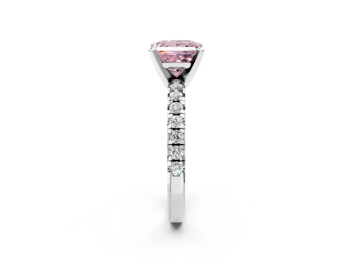 Fancy Pink Princess Cut Diamond Solitaire Pavé Engagement Ring with Round Band and Prong Setting White gold