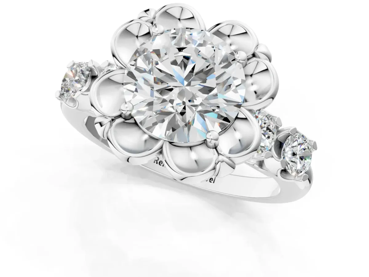 Round Cut Cut Diamond Floral Halo Engagement Ring with Shared Prong Setting Silver