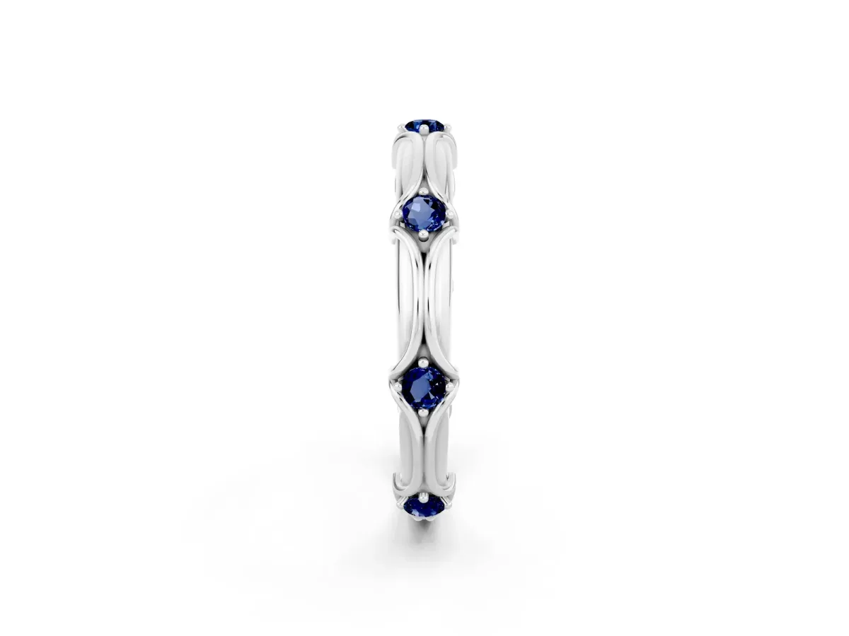 Round Blue Sapphire Prong Set Milgrain Eternity Band Platinum