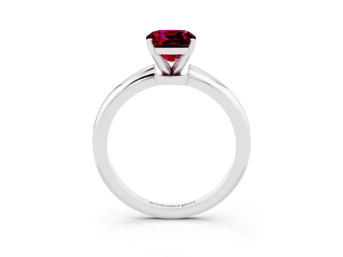 Cushion Cut Garnet Solitaire Ring with Six-Prong Setting and Classic Band Platinum