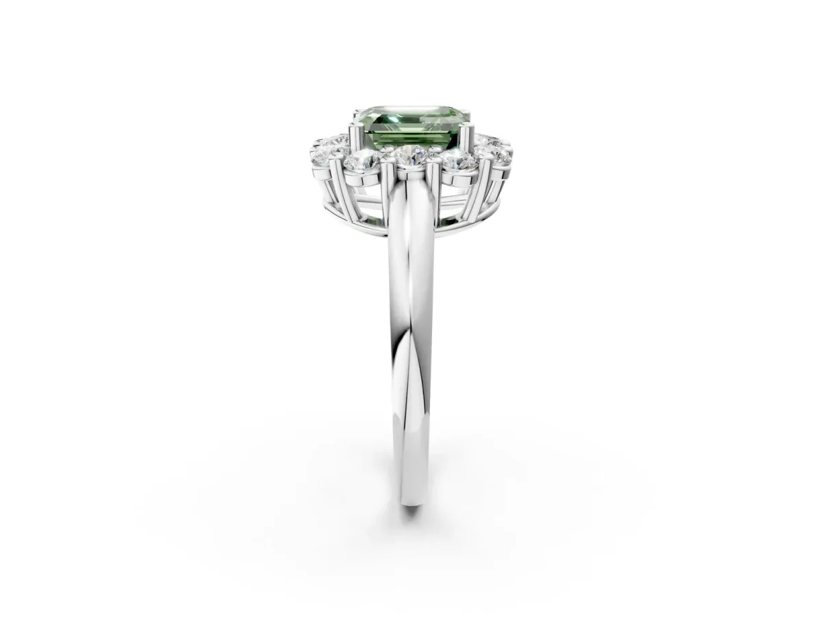 Fancy Green Asscher Cut Halo Cluster Diamond Engagement Ring with Prong Setting and Polished Band Platinum