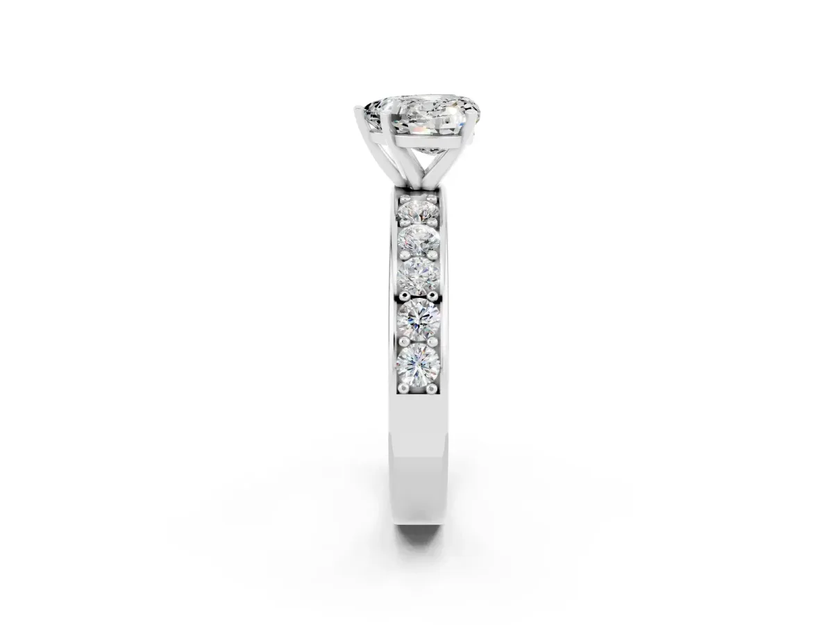 Heart Cut Moissanite Engagement Ring with Channel Set Round Band and Prong Setting White gold