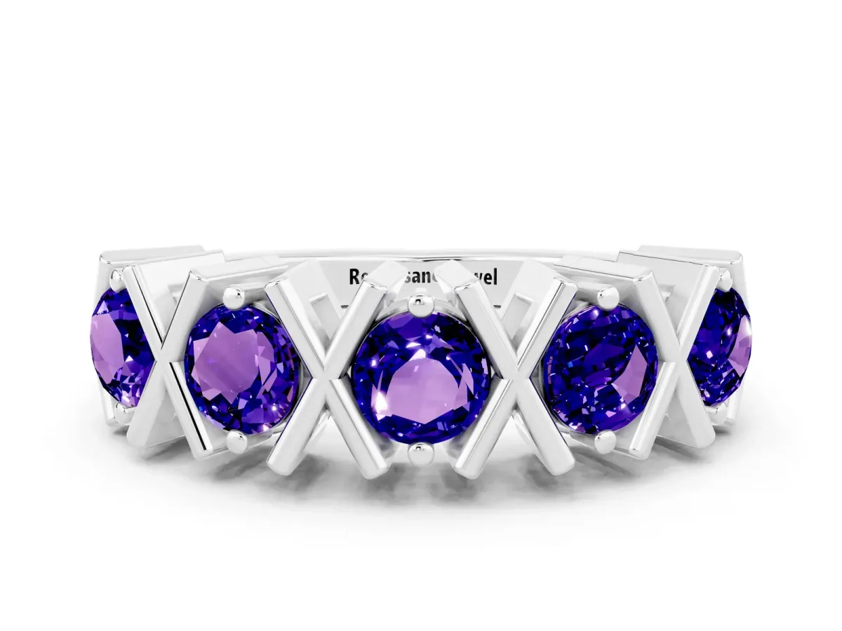 Round Tanzanite Channel Set Band with X-Prong Detail White gold