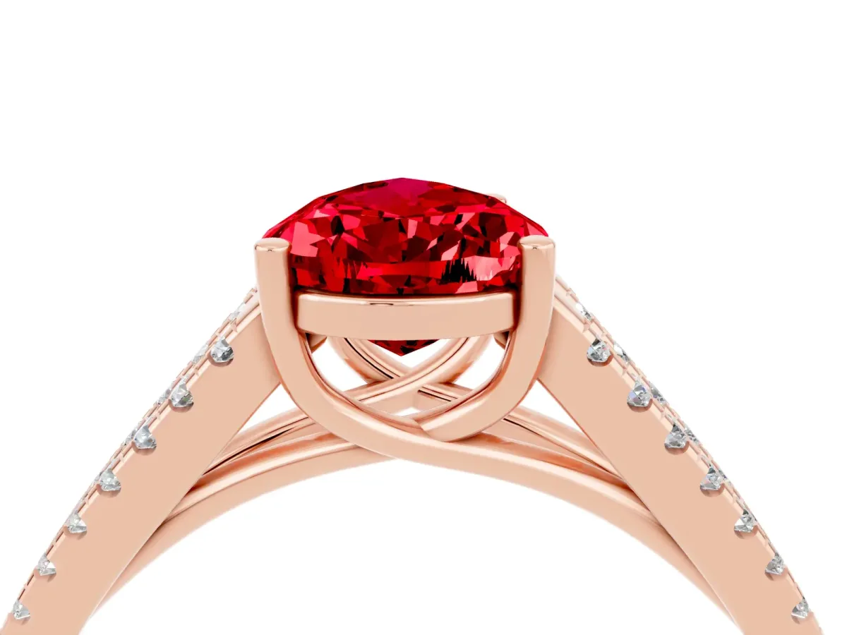 Pear Cut Ruby Solitaire Engagement Ring with Split Shank Pavé Band Rose gold