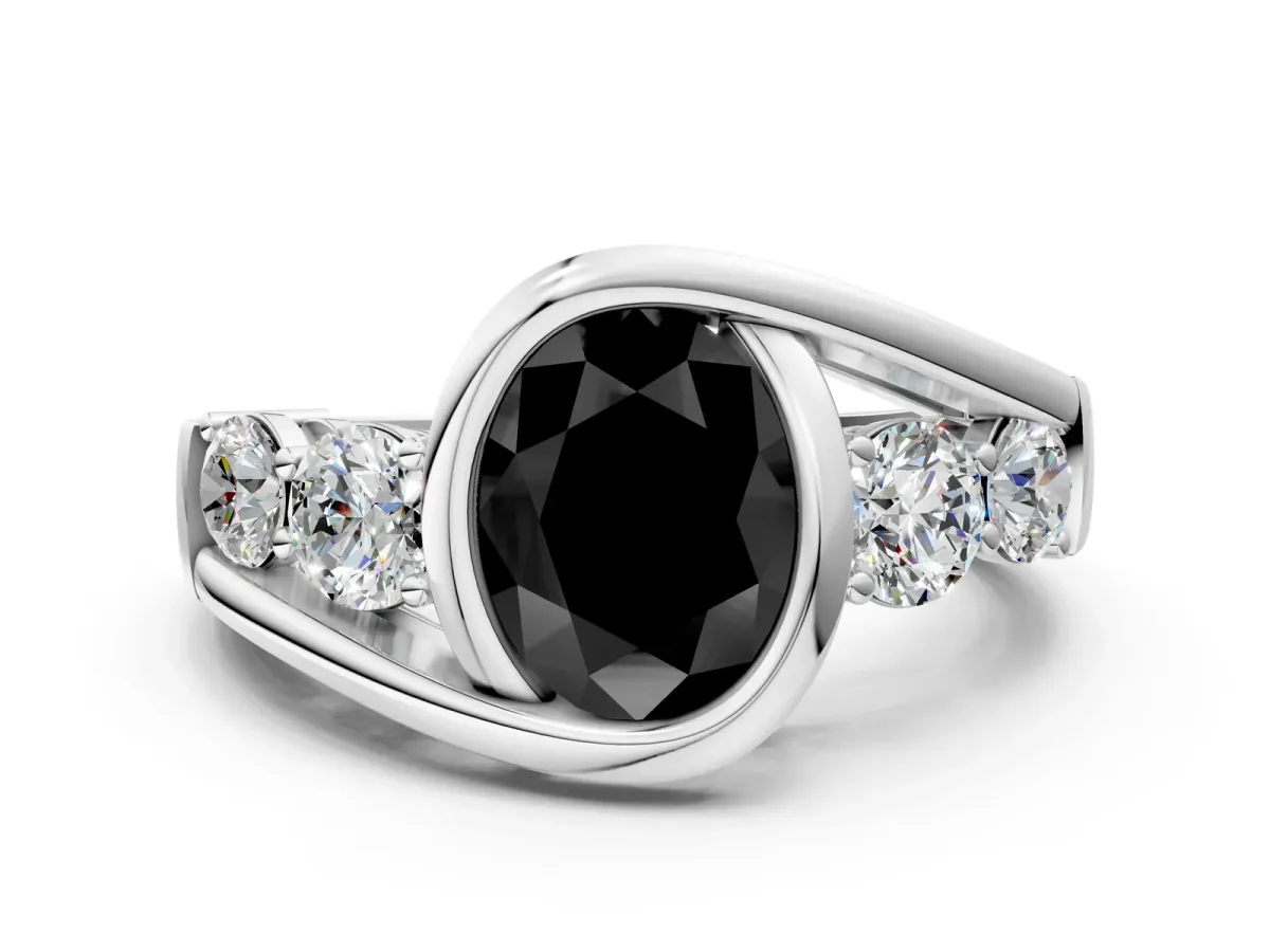 Fancy Black Bezel Set Oval Cut Diamond Bypass Ring with Round Accents Silver