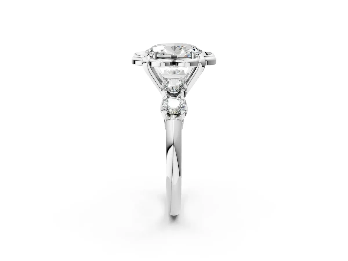 Oval Cut Cut Diamond Floral Halo Engagement Ring with Shared Prong Setting Silver
