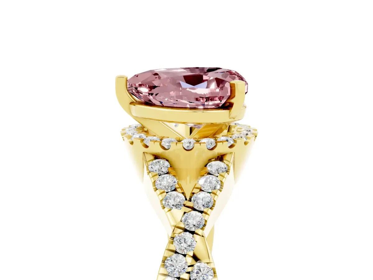 Heart Cut Morganite Halo Twist Band Solitaire Prong Setting Ring Yellow gold