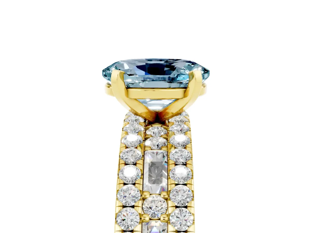 Oval Cut Aquamarine Solitaire Ring with Pavé and Channel Set Band Yellow gold