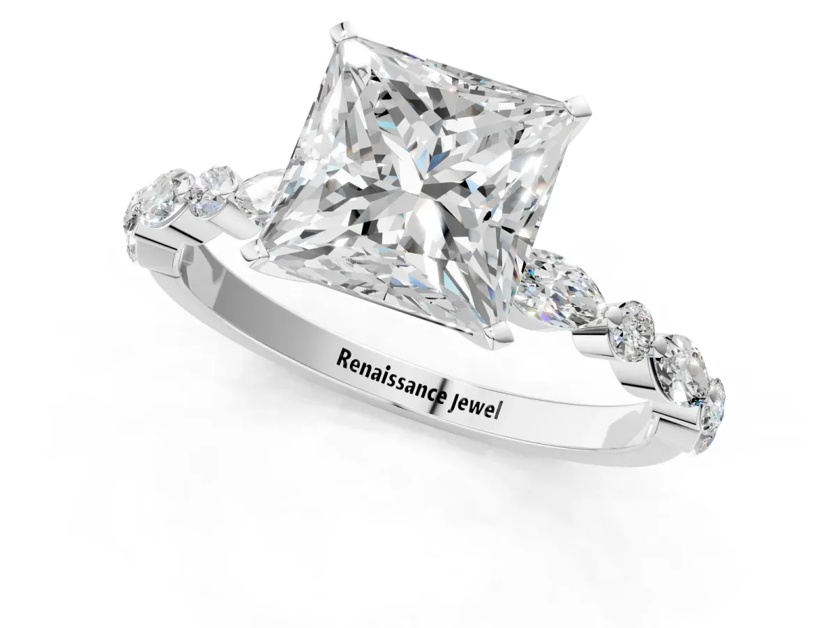 Princess Cut Diamond Ring with Marquise and Round Moissanite Side Stones and Four-Prong Setting Silver
