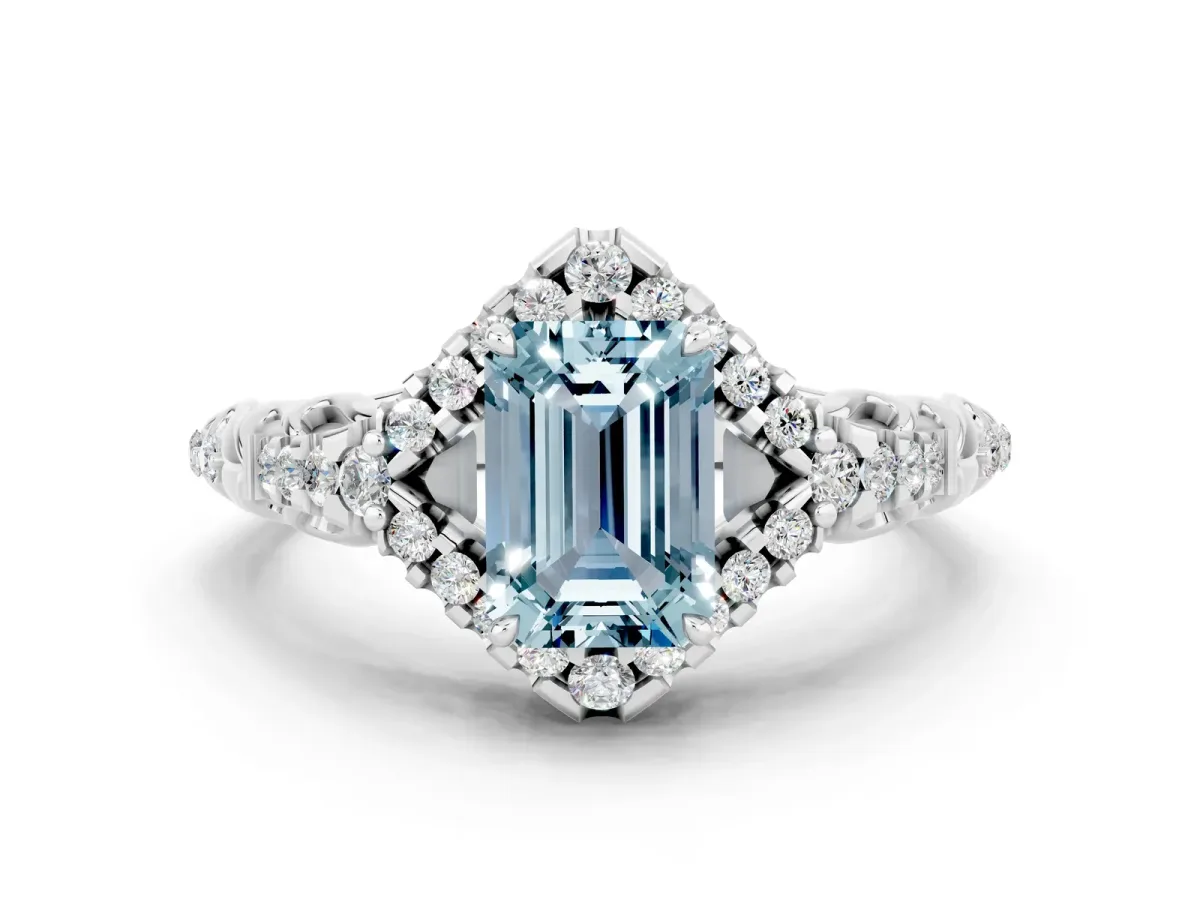 Emerald Cut Aquamarine Solitaire Ring with Hidden Halo and Pavé Band White gold