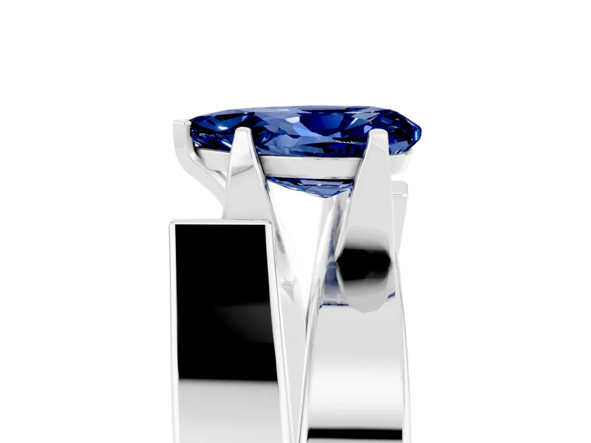 Modern Tension Set Pear Cut Blue Sapphire Solitaire Wide Band Ring Silver