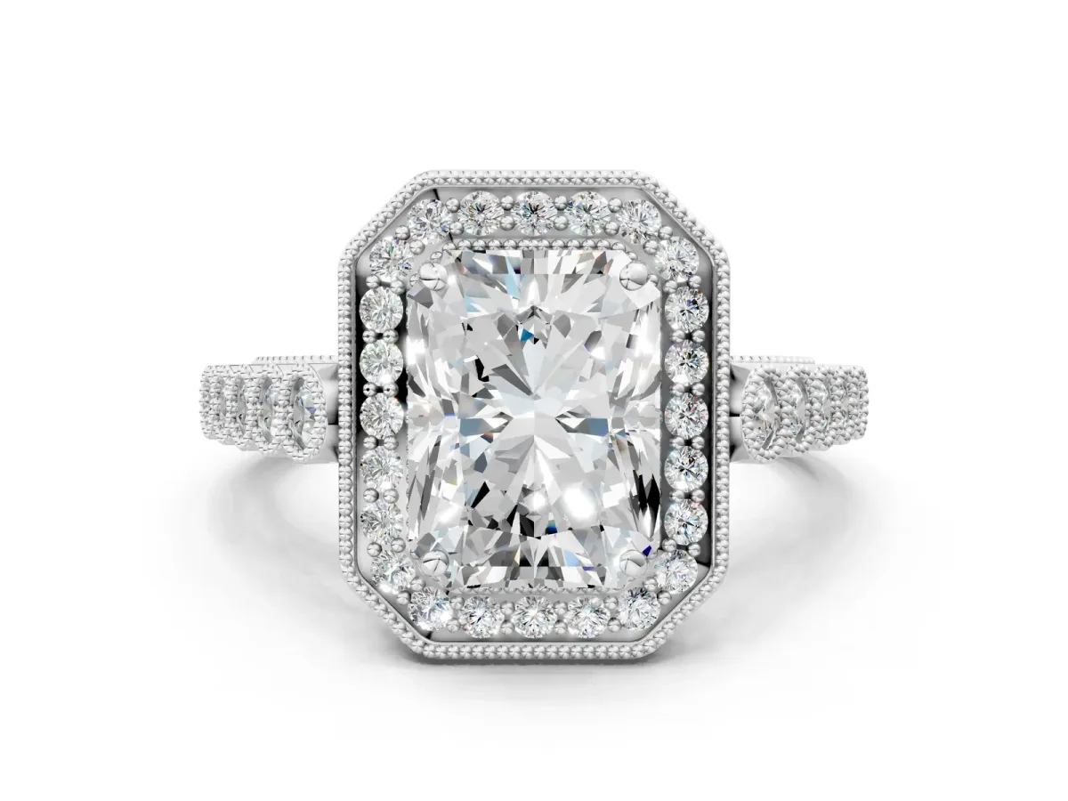 Radiant Cut Halo Milgrain Solitaire with Bezel Set Side Stones and Pave Band Platinum