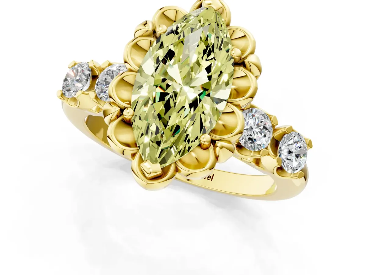 Fancy Yellow Marquise Cut Cut Diamond Floral Halo Engagement Ring with Shared Prong Setting Yellow gold