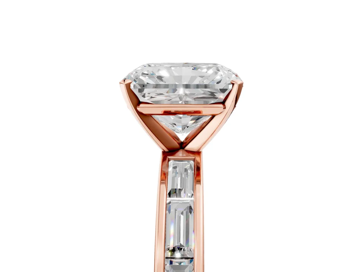Radiant Cut Solitaire Diamond Ring with Channel-Set Baguette Band and Four-Prong Setting Rose gold