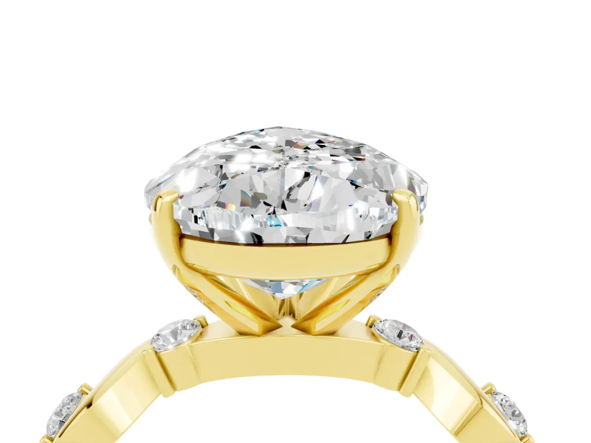 Pear Cut Moissanite Solitaire Twisted Band with Round Accents and Prong Setting Yellow gold