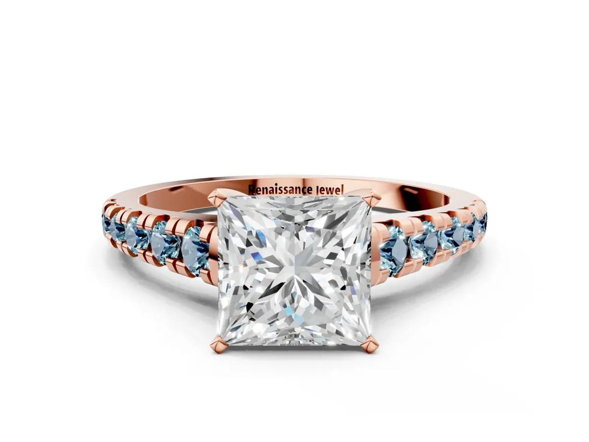 Princess Cut Diamond Cathedral Solitaire Ring with Round Aquamarine Pavé Band Rose gold