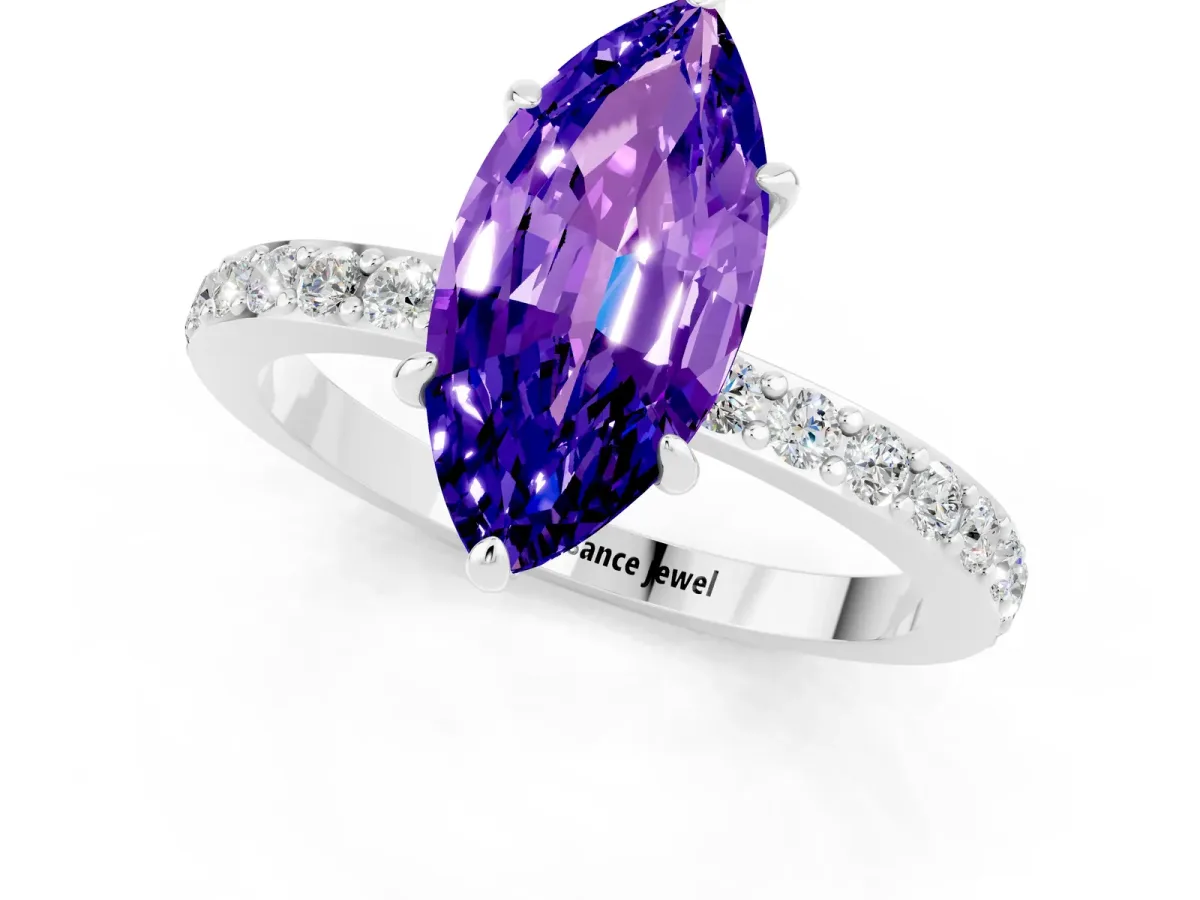 Marquise Cut Tanzanite Solitaire Engagement Ring with Pavé Band and Four-Prong Setting White gold
