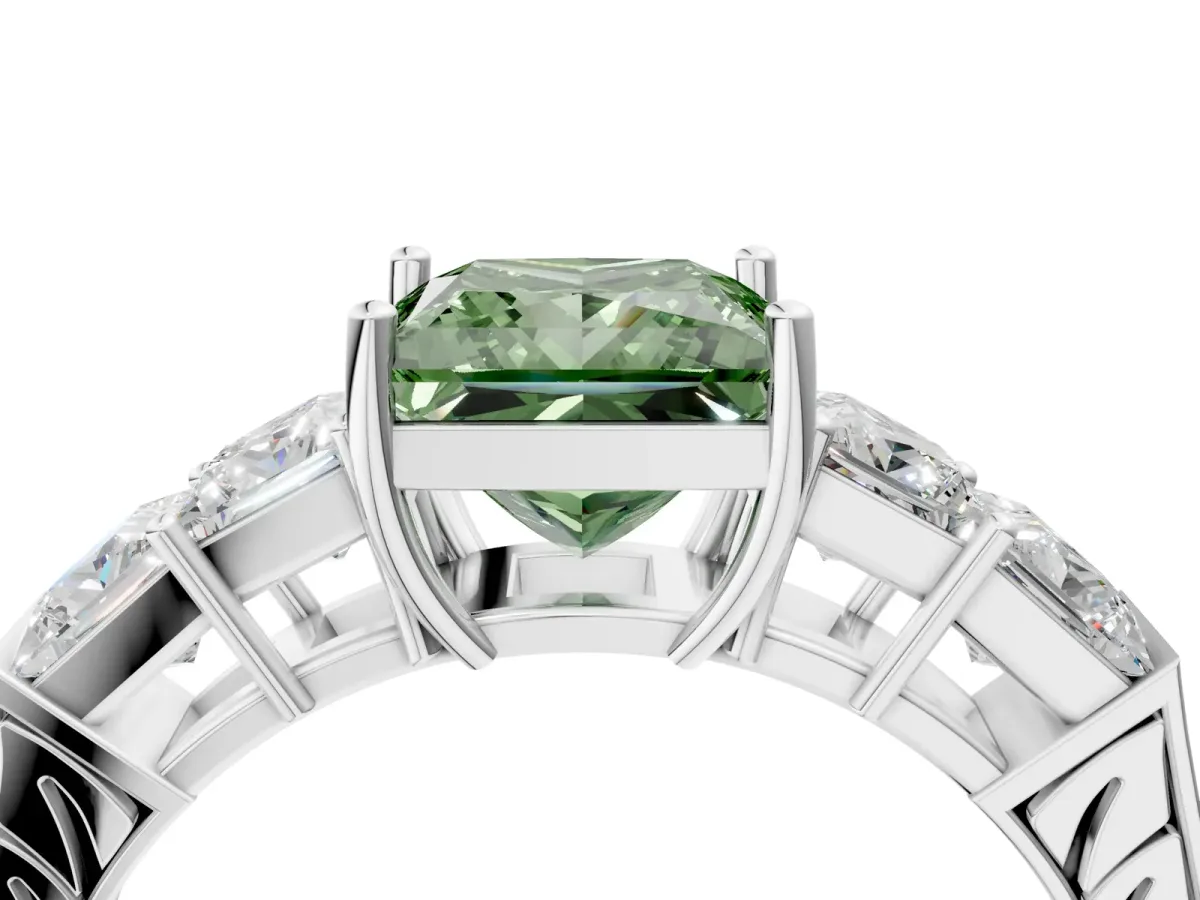 Fancy Green Princess Cut Solitaire Princess Side Stone Engraved Band Prong Setting Ring Platinum