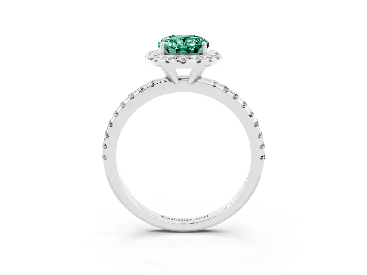 Oval Cut Green Sapphire Halo Ring with Round Pavé Band and Prong Setting White gold