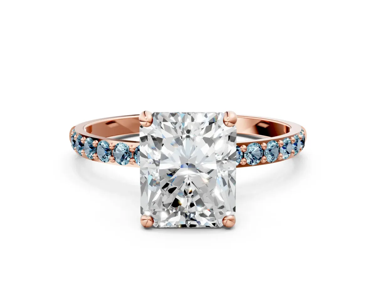 Radiant Cut Diamond Solitaire Ring with Round Aquamarine Pavé Band and Prong Setting Rose gold