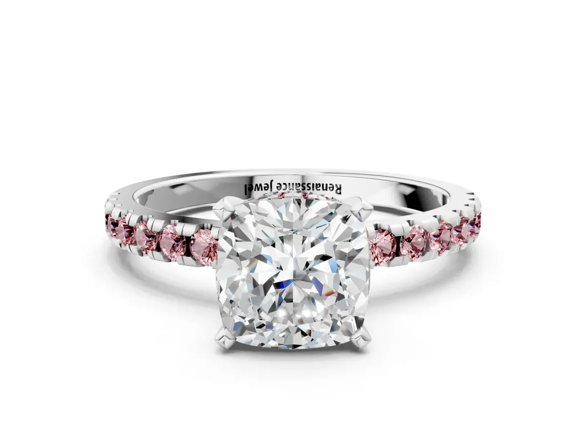 Cushion Cut Diamond Solitaire Ring with Round Morganite Pavé Band and Four-Prong Setting White gold