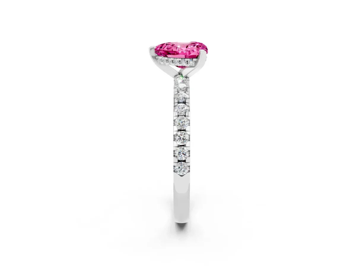 Heart Cut Pink Sapphire Solitaire Ring with Round Pavé Band and Four-Prong Setting White gold