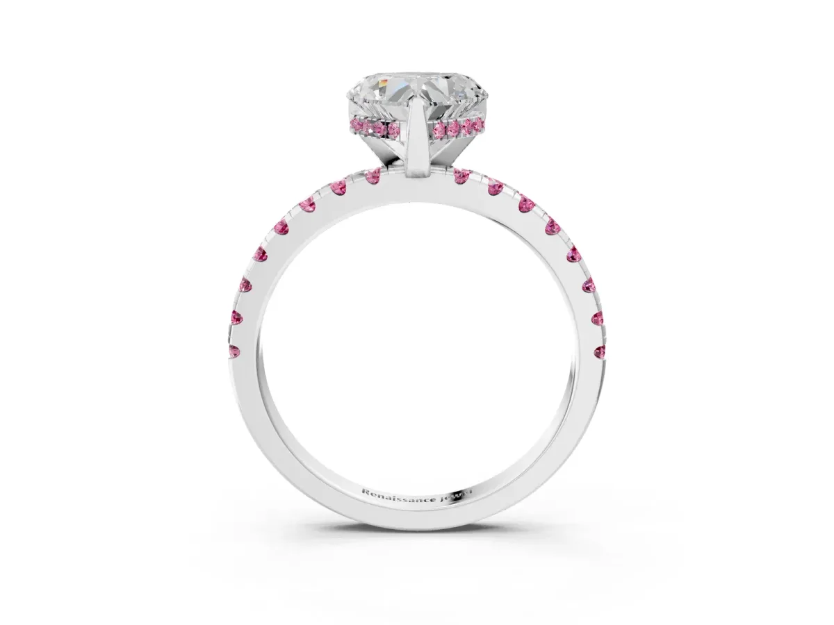 Heart Cut Diamond Solitaire Ring with Round Pink Sapphire Pavé Band and Four-Prong Setting Platinum