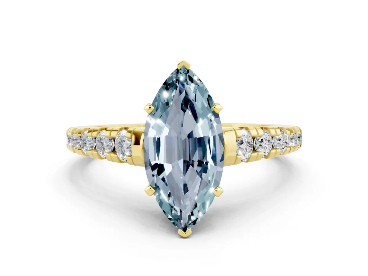 Marquise Cut Aquamarine Cathedral Solitaire Ring with Round Pavé Band Yellow gold