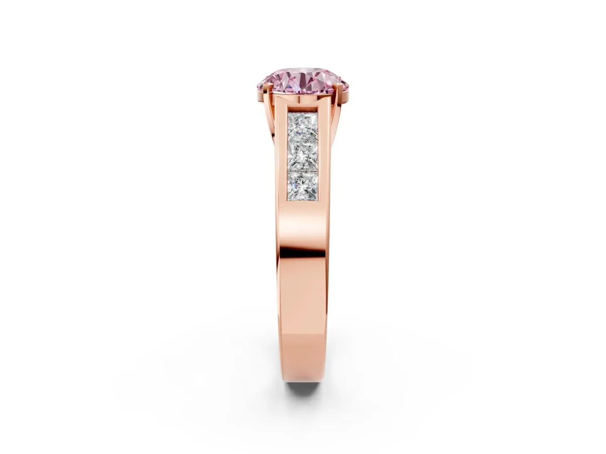 Fancy Pink Round Cut Cut Channel Set Solitaire Ring with Four-Prong Setting Rose gold