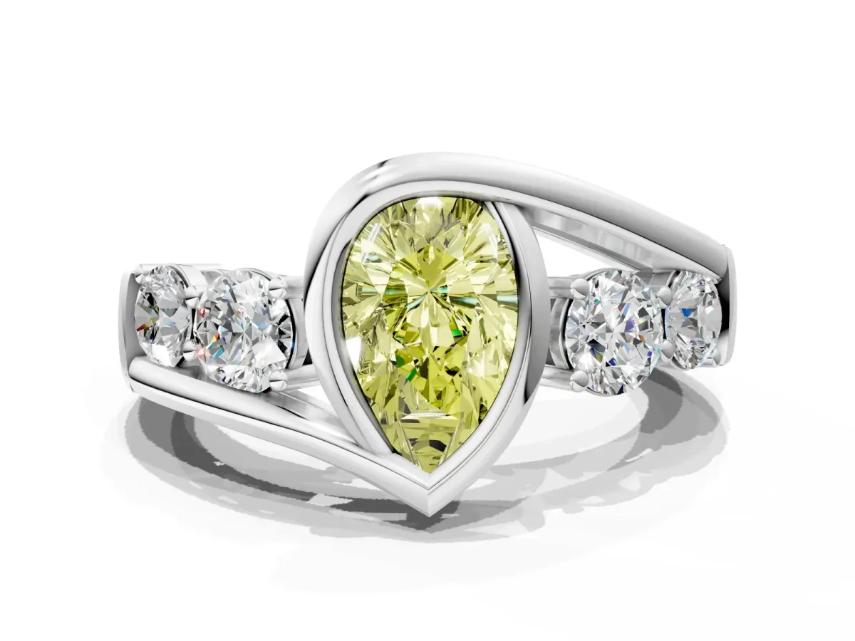 Fancy Yellow Bezel Set Pear Cut Diamond Bypass Ring with Round Accents Silver