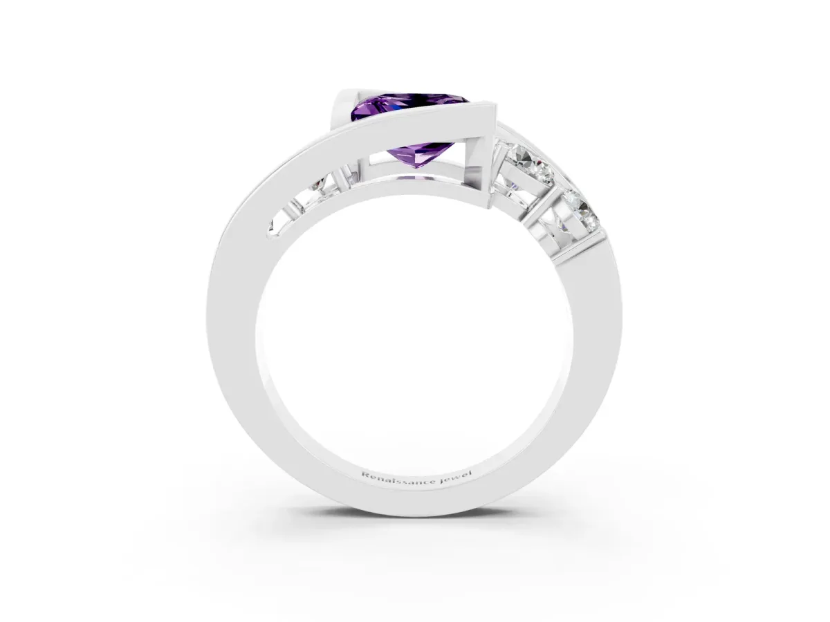 Bezel Set Princess Cut Amethyst Bypass Ring with Round Accents Silver