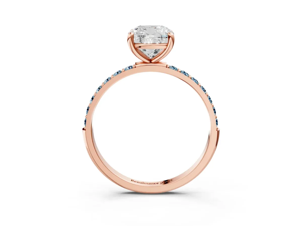 Cushion Cut Diamond Solitaire Ring with Round Aquamarine Pavé Band and Prong Setting Rose gold