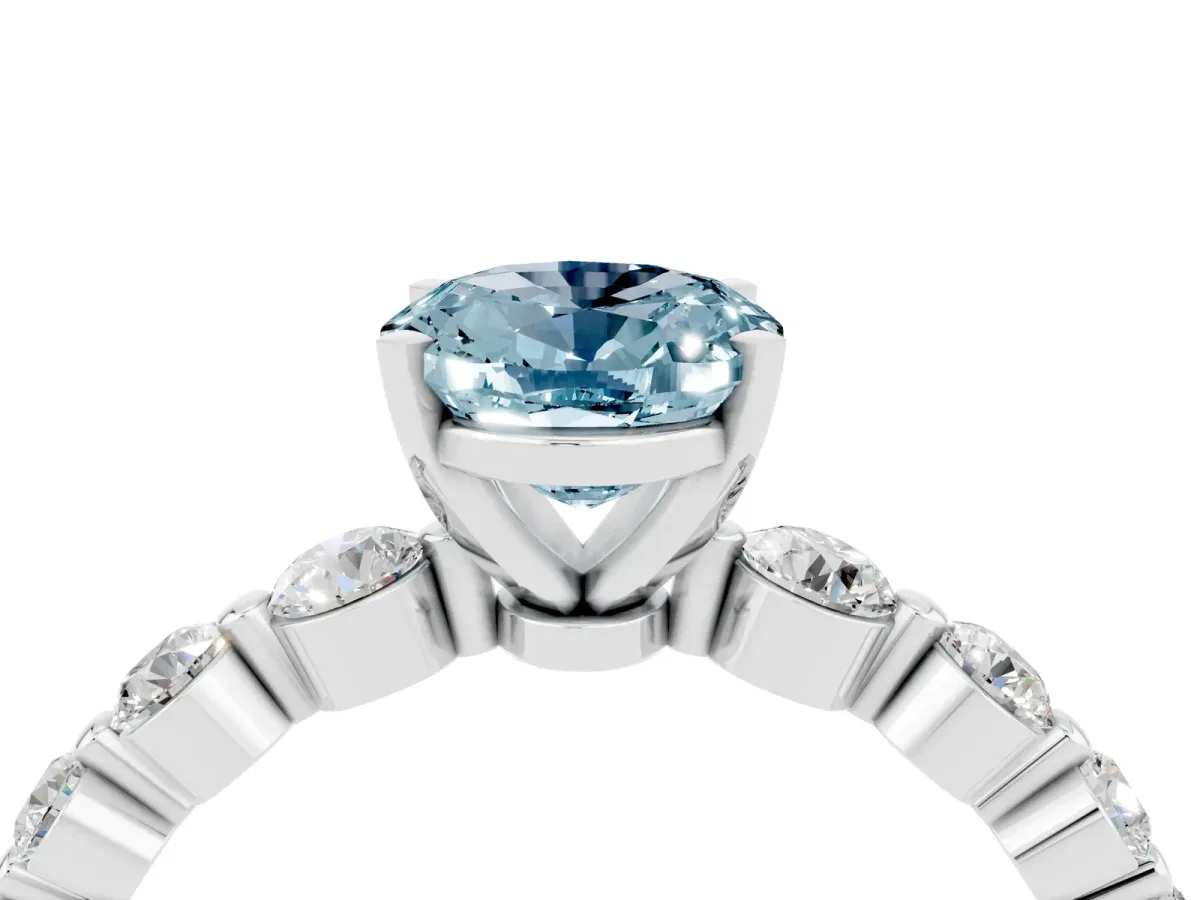 Oval Cut Solitaire Aquamarine Ring with Pave Band and Four-Prong Setting Silver