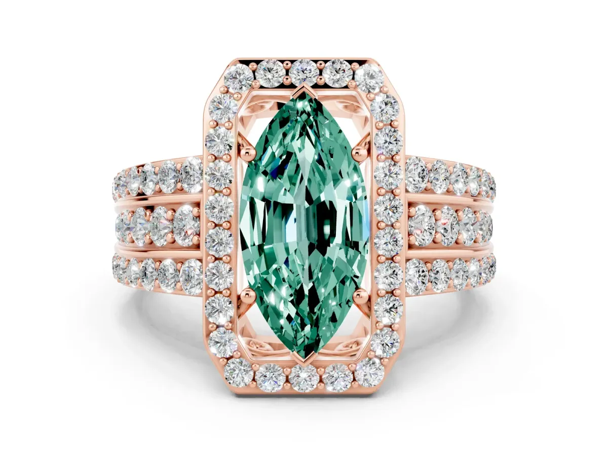 Marquise Cut Halo Green Sapphire Ring with Round Split Shank and Prong Setting Rose gold