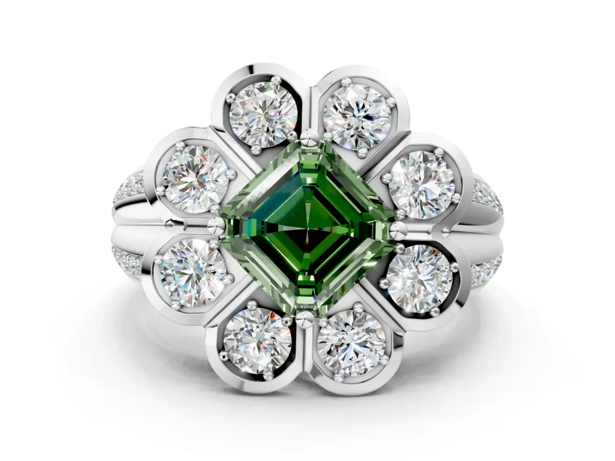 Fancy Green Asscher Cut Brilliant Flower Halo Diamond Split Shank Ring Platinum