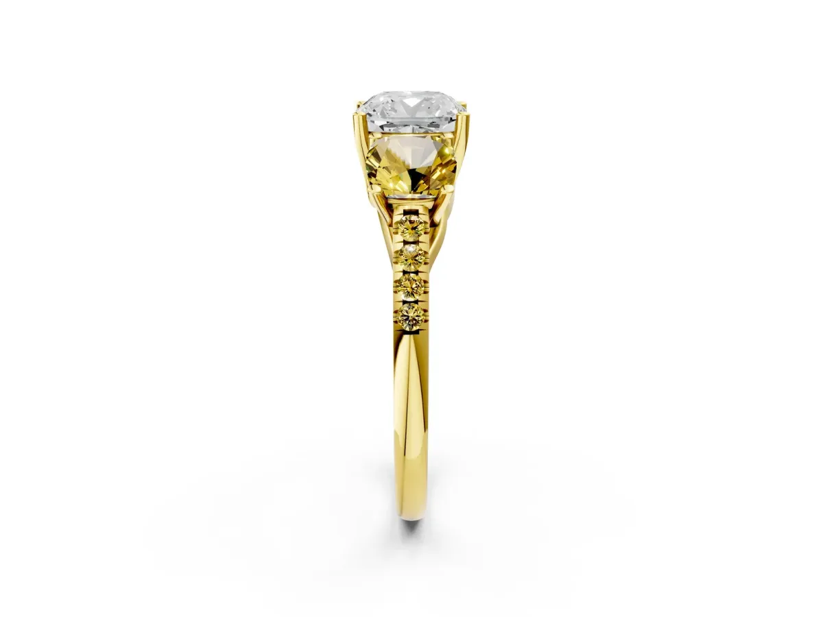 Three-Stone Cushion Cut Diamond Ring with Round Yellow Sapphire Pavé Band and Prong Setting Yellow gold