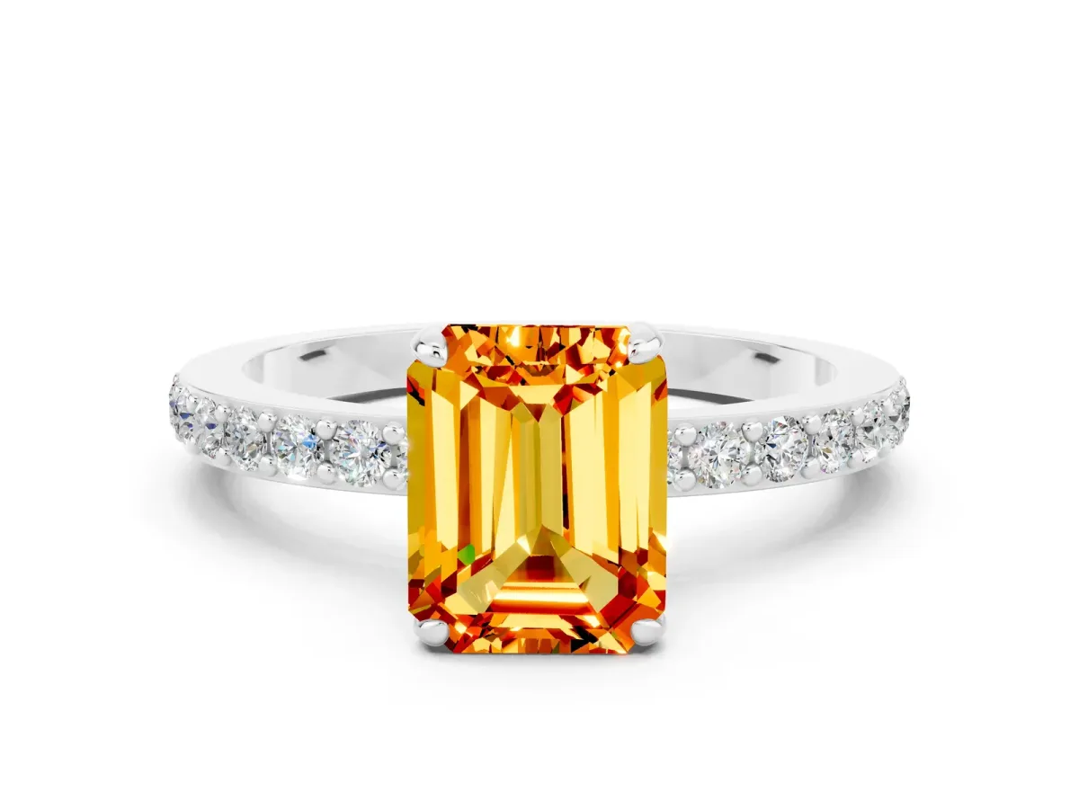Emerald Cut Citrine Solitaire Engagement Ring with Pavé Band and Four-Prong Setting Silver